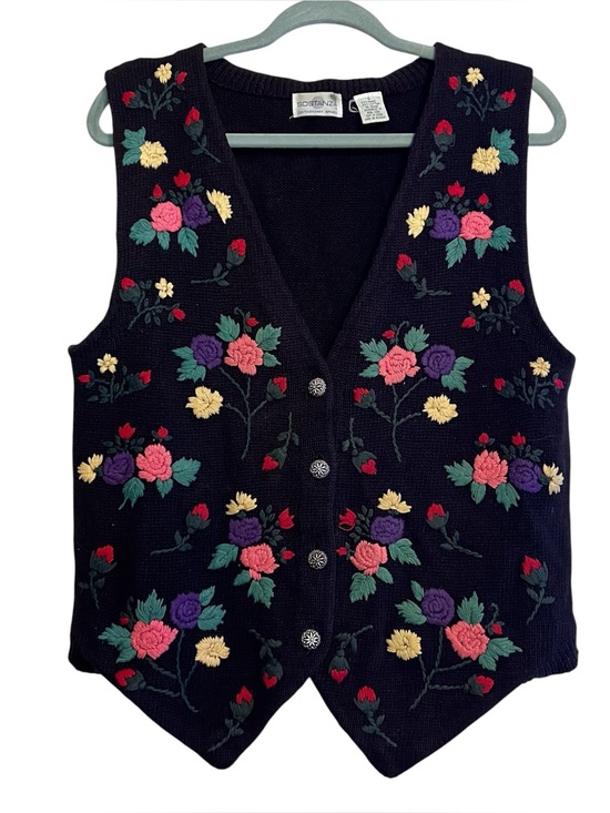 Jackets & Blazers - Vintage Sostanza Floral Embroidered Sweater Vest Small Cottagecore